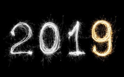 2019 anno, fuochi d&#39;artificio, 2019 concetti, capodanno, sfondo nero, luci