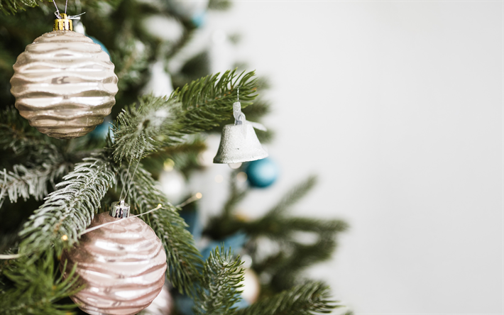 Christmas tree, decorations, bells, golden Christmas balls, blur, Happy New Year