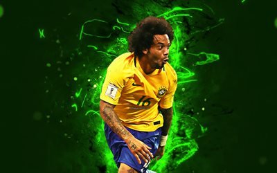 Marcelo, goal, joy, Brazil National Team, football stars, Marcelo Vieira da Silva Junior, soccer, neon lights, Brazilian football team