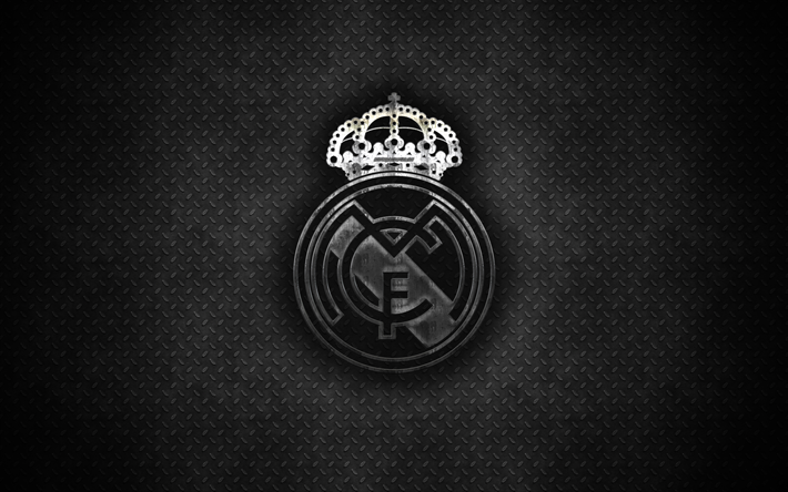 Real Madrid-CF, 4k, metall-logotyp, kreativ konst, spansk fotbollsklubb, emblem, gr&#229; metall bakgrund, Ligan, Madrid, Spanien, fotboll, Real Madrid