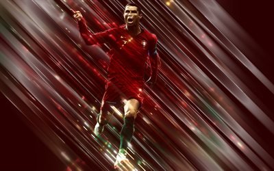 Cristiano Ronaldo, creative art, ter&#228;t tyyli, CR7, Portugalin jalkapalloilija, Portugalin jalkapallomaajoukkue, eteenp&#228;in, jalkapallo t&#228;hti, tavoite, punainen luova tausta, Portugali, jalkapallo