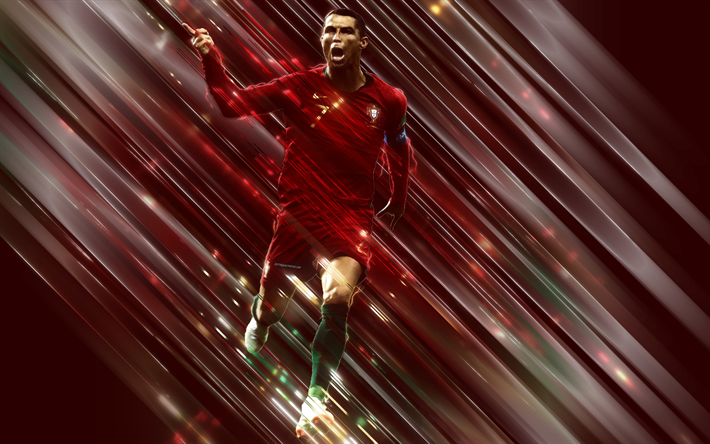 Cristiano Ronaldo, arte creativa, lame di stile, CR7, calciatore portoghese, Portogallo, nazionale di calcio della squadra, in avanti, la star del football, l&#39;obiettivo, rosso, creativo, sfondo, calcio