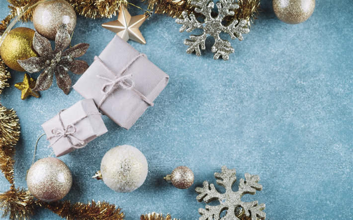 weihnachten, blauer hintergrund, geschenke, golden, weihnachtsschmuck, neujahr