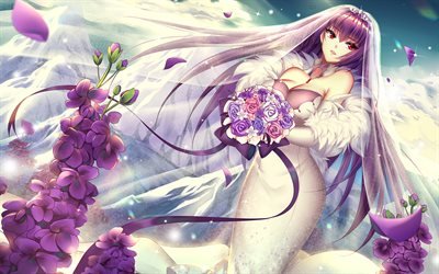Scathach, white dress, Fate Grand Order, purple hair, manga, TYPE-MOON, Fate Series