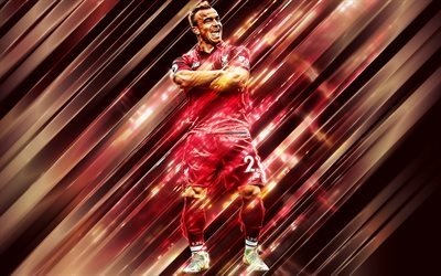 Xherdan Shaqiri, creative art, ter&#228;t tyyli, Sveitsin jalkapalloilija, Liverpool FC, Premier League, Englanti, punainen luova tausta, jalkapallo, Liverpool