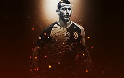 Younes Belhanda, 4k, kreativ konst, Galatasaray, Marockanska fotbollsspelare, ljuseffekter, orange bakgrund, portr&#228;tt, Turkiet, fotbollsspelare, Belhanda