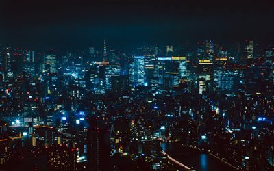 Tokio, 4k, nightscapes, kaupungin valot, metropoli, Japani, Aasiassa