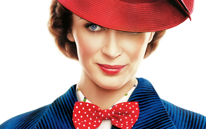 Mary Poppins Retourne, 2018, 4k, de la promo, affiches, Emily Blunt, Famille, film, film Am&#233;ricain