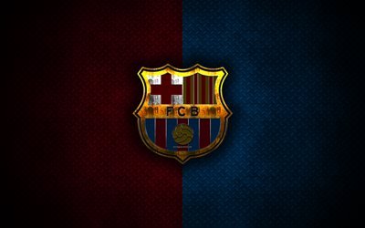 FC Barcelona, metall-logotyp, kreativ konst, Katalanska klubben, emblem, maroon bl&#229; metall bakgrund, Ligan, Barcelona, Catalonia, Spanien, fotboll