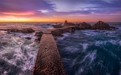 illalla, sunset, merimaisema, rannikolla, V&#228;limerelle, Katalonia, Espanja