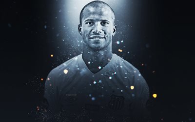 Carlos Sanchez, 4k, arte creativa, Santos FC, calciatore Uruguaiano, effetti di luce, sfondo grigio, ritratto, Serie A, il Brasile, i giocatori di calcio