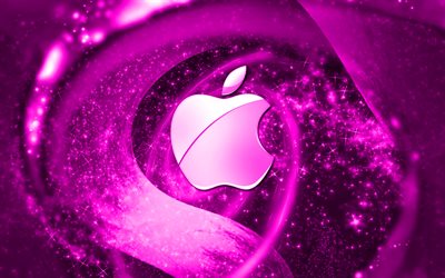 Apple purple logo, space, creative, Apple, stars, Apple logo, digital art, purple background