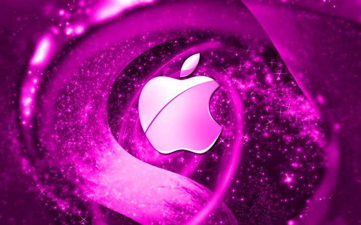 Apple p&#250;rpura logo, el espacio, la creatividad, la Manzana, las estrellas, el logo de Apple, arte digital, fondo p&#250;rpura