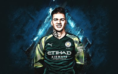 Ederson, Manchester City FC, Brazilian soccer player, goalkeeper, portrait, blue stone background, Premier League, England, Ederson Santana de Moraes
