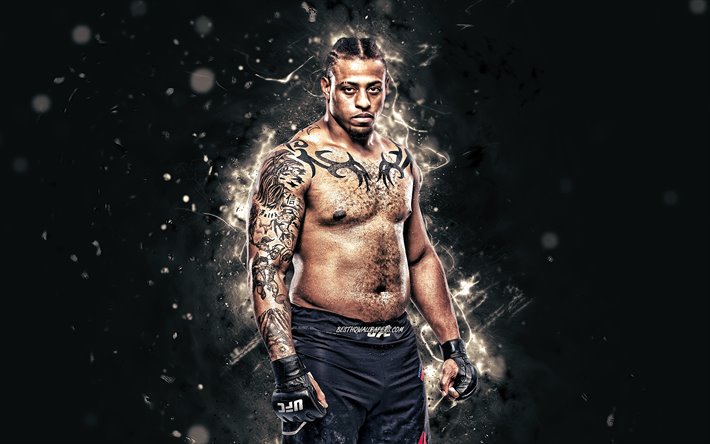 Greg Hardy, 4k, white neon lights, American fighters, MMA, UFC, female fighters, Mixed martial arts, Greg Hardy 4K, UFC fighters, Gregory McKarl Hardy, MMA fighters