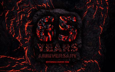 4k, 65 Years Anniversary, fire lava letters, 65th anniversary sign, 65th anniversary, grunge background, anniversary concepts