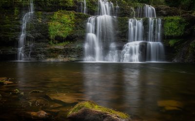 River Mellte, Sgwd yr Pannwr Waterfall, lake, autumn, waterfall, rock, Brecon Beacons National Park, Wales