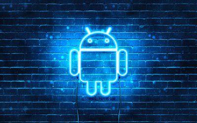 Android logo blu, 4k, blu, brickwall, logo Android, marche, Android neon logo Android