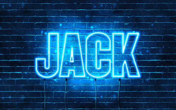 Jack, 4k, taustakuvia nimet, vaakasuuntainen teksti, Jack nimi, blue neon valot, kuva Jack nimi