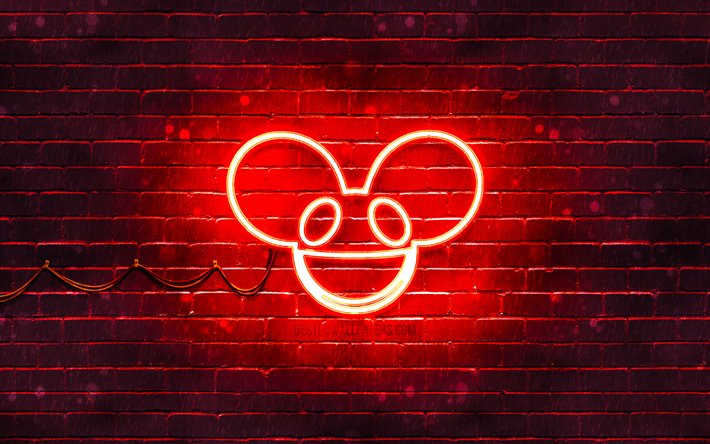 Deadmau5 punainen logo, 4k, supert&#228;hti&#228;, kanadalainen Dj, punainen brickwall, Deadmau5-logo, Joel Thomas Zimmerman, musiikin t&#228;hdet, Deadmau5 neon-logo, Deadmau5