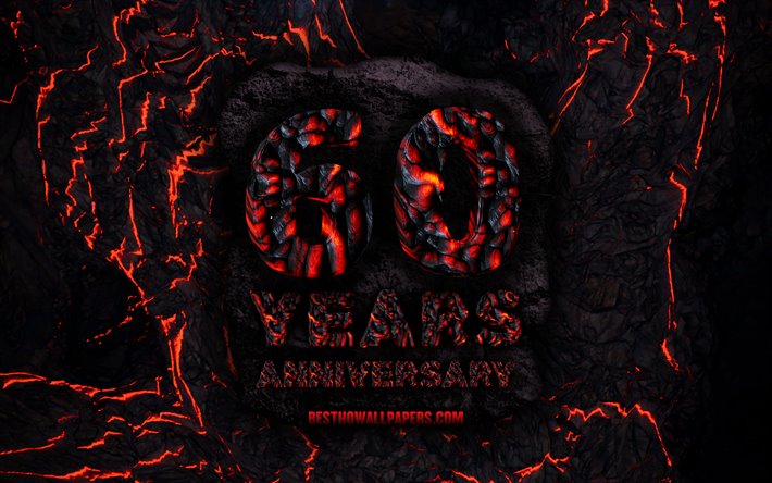 4k, 60 Years Anniversary, fire lava letters, 60th anniversary sign, 60th anniversary, grunge background, anniversary concepts