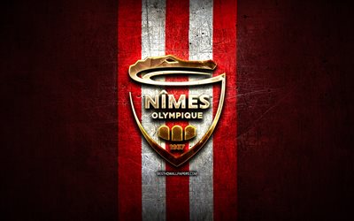 Nimes Olympique, golden logo, Ligue 1, red metal background, football, Nimes Olympique FC, french football club, Nimes Olympique logo, soccer, France