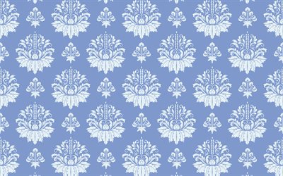 ヴィンテージ花のパターン, 4k, 白ダマスクパターン, 青ヴィンテージの背景, 花のパターン, 背景の花, ヴィンテージの背景, 青色のレトロな背景, 花柄ヴィンテージパターン