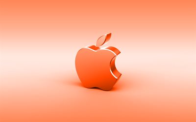Apple orange 3D, logo, minimal, fond orange, le logo Apple, creative, Apple logo en m&#233;tal, Apple logo 3D, illustration, Apple