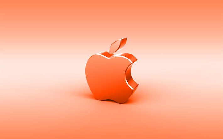 A Apple laranja logo 3D, o m&#237;nimo de, fundo laranja, Log&#243;tipo da Apple, criativo, A Apple logotipo do metal, A Apple logo 3D, obras de arte, Apple