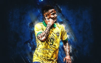 Gabriel Jesus, Nacional do brasil de futebol da equipe, retrato, a pedra azul de fundo, Brasil, futebol