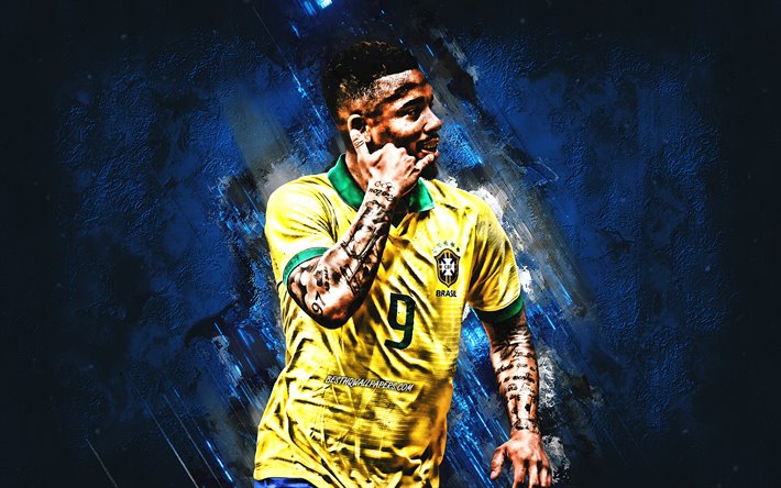 Gabriel Jesus, Brasiliens herrlandslag i fotboll, portr&#228;tt, bl&#229; sten bakgrund, Brasilien, fotboll