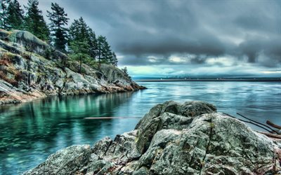 Canada, emerald lake, rocks, overcast, beautiful nature, North America, canadian nature