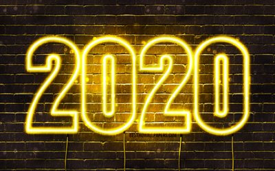4k, Happy New Year 2020, yellow brickwall, 2020 concepts, 2020 yellow neon digits, 2020 on yellow background, abstract art, 2020 neon art, creative, 2020 year digits