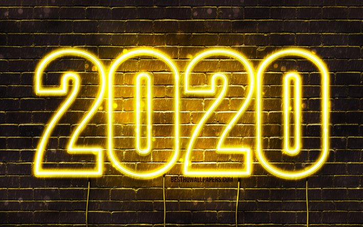 4k, سنة جديدة سعيدة عام 2020, الأصفر brickwall, 2020 المفاهيم, 2020 الأصفر النيون أرقام, 2020 على خلفية صفراء, الفن التجريدي, 2020 النيون الفن, الإبداعية, 2020 أرقام السنة