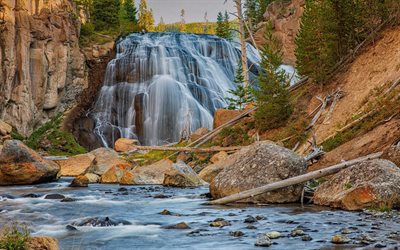 Gibbon Falls, waterfall, autumn, mountain river, autumn landscape with a waterfall, Wyoming, Yellowstone National Park, USA