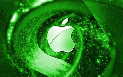 Apple green logo, space, creative, Apple, stars, Apple logo, digital art, green background