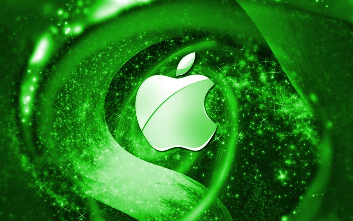 Elma yeşil logo, uzay, yaratıcı, Apple, yıldızlar, Apple logosu, dijital sanat, yeşil arka plan