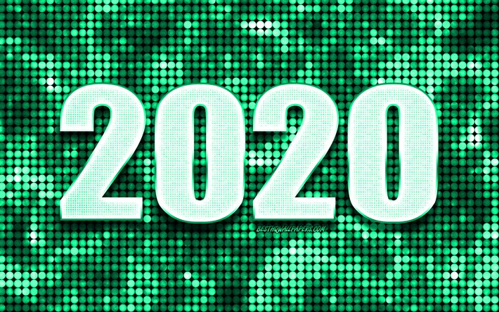 Green 2020 background, Happy New Year 2020, Green abstract background, 2020 concepts, 2020 New Year, Green 2020 metal art