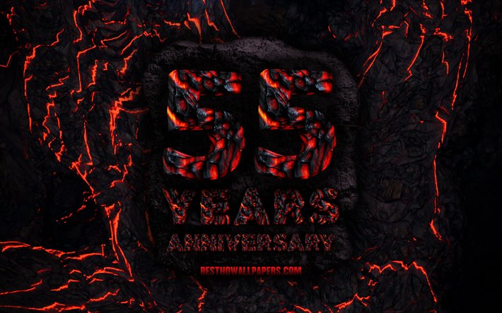 4k, 55 Years Anniversary, fire lava letters, 55th anniversary sign, 55th anniversary, grunge background, anniversary concepts