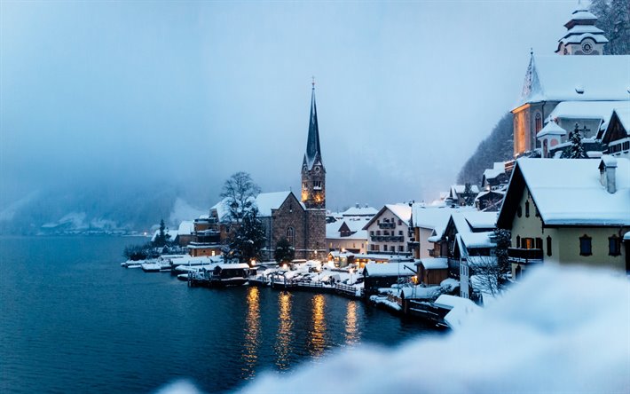 Le Lac de Hallstatt, l&#39;hiver, le soir, la neige, paysage de montagne, hiver, lac, Hallstatt, Autriche