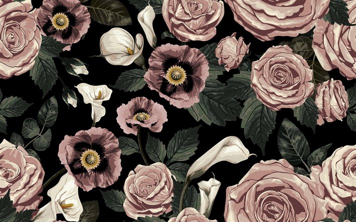 floral preto retro textura, retro flores em fundo preto, retro textura, textura floral, cor-de-rosa retr&#244; flores