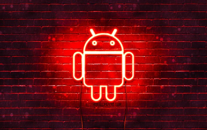 Android-r&#246;d logo, 4k, red brickwall, Android-logotypen, varum&#228;rken, Android neon logotyp, Android