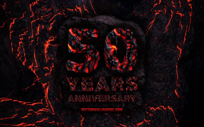 4k, 50 Years Anniversary, fire lava letters, 50th anniversary sign, 50th anniversary, grunge background, anniversary concepts