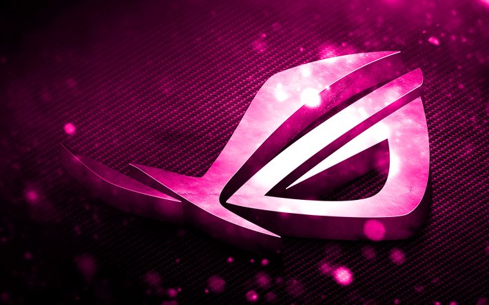 RoG violette logo, art 3D, Republic of Gamers, violet m&#233;tal fond, RoG logo 3D, ASUS, cr&#233;atif, RoG