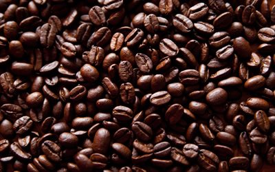 アラビカ種の豆, 4k, コーヒー豆の食感, 茶色の背景, 天然のコーヒー, アラビカ種, コーヒーの質感, コーヒーの背景, コーヒー豆, マクロ, コーヒー
