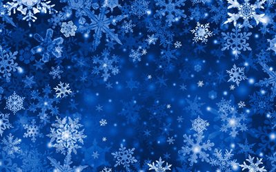 blue snowflakes background, 4k, blue winter background, white snowflakes, winter backgrounds