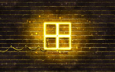 Microsoft giallo logo, 4k, giallo brickwall, Microsoft logo, marchi, Microsoft neon logo Microsoft