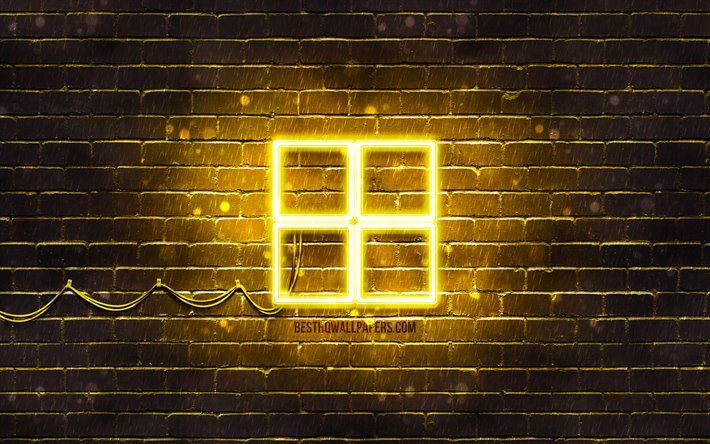 Microsoft yellow logo, 4k, yellow brickwall, Microsoft logo, brands, Microsoft neon logo, Microsoft