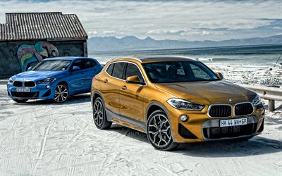 BMW X2, 2019, exterior, front view, new blue X2, new golden X2, compact crossover, German cars, BMW