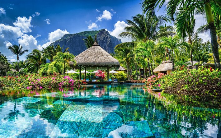 Mauritius, resort, hotel, sommar, blue pool, vatten, palms, HDR